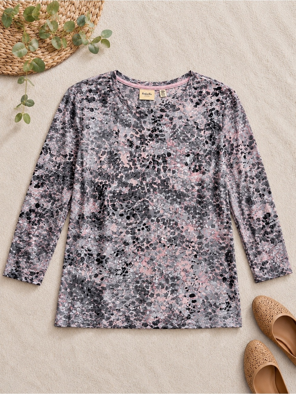 ✨ Rafaella Weekend Embellished Animal Print Top XL Pink Gray Long Sleeve Stretch